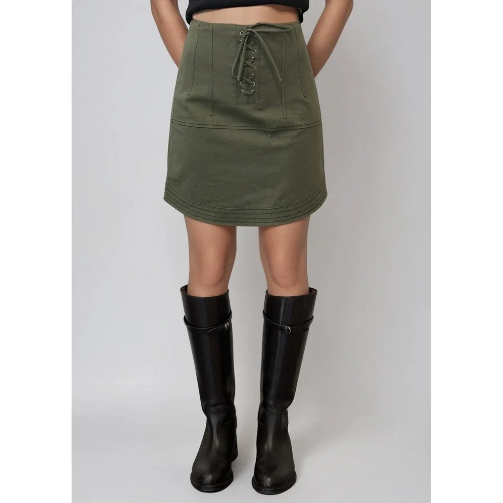 Marissa Webb Women's Olive Green Lace Up Front Mini Skirt Military Utility Style